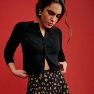 Sezane Kylie Black Ribbed Button-Front Cardigan